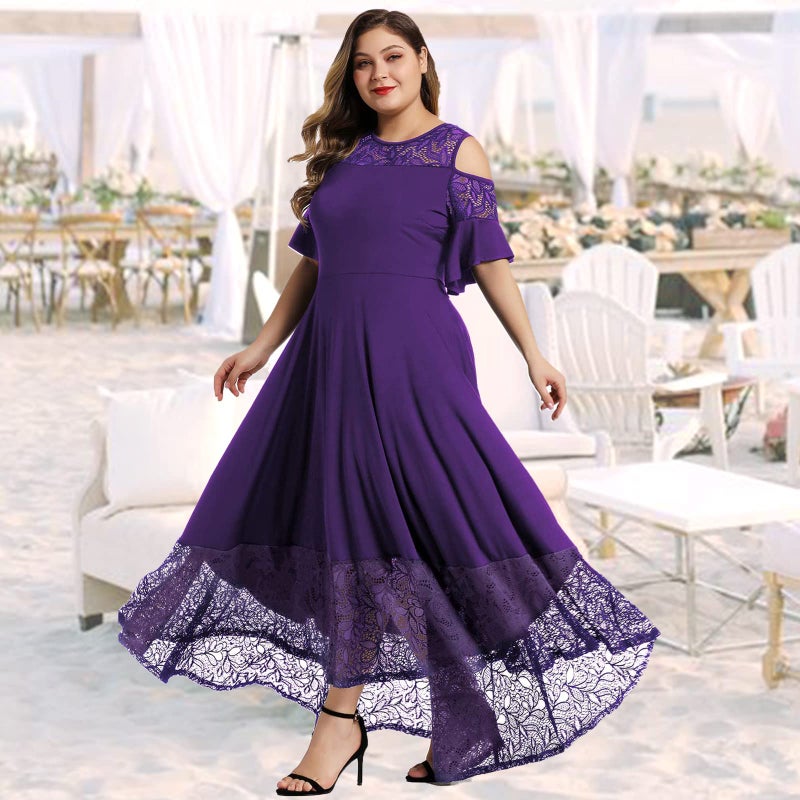 LALAGEN Womens Plus Size Casual Lace Cold Shoulder Long Plain Evening Party Maxi Dress Purple 1X - Image 3